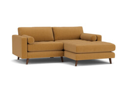 Orange Velvet Loveseat Sofa With Chaise - Modern Petit Custom Sofa In Stain Resistant Velvet - Shoreditch Range - thumbnail 1