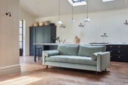 Blue Velvet Loveseat Sofa With Chaise - Modern Petit Custom Sofa In Easy Clean Velvet - Shoreditch Range - thumbnail 2