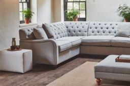Cream 3.5 Seater Corner Sofa - Traditional Chesterfield Style Fabric Luxury Premium Corner Sofa - Bakewell Range - thumbnail 3