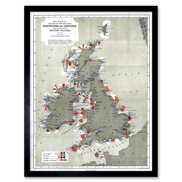 "Artery8 Map Antique 1884 Price Lighthouses Lightships British Isles Framed Art in Grey - Size: W12"" x H16""" - image 1