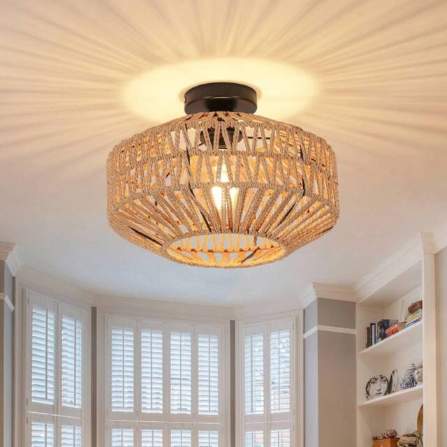 EONLION Vintage Rattan Ceiling Lamp Restaurnt Bar Pendant Light in Natural - image 1