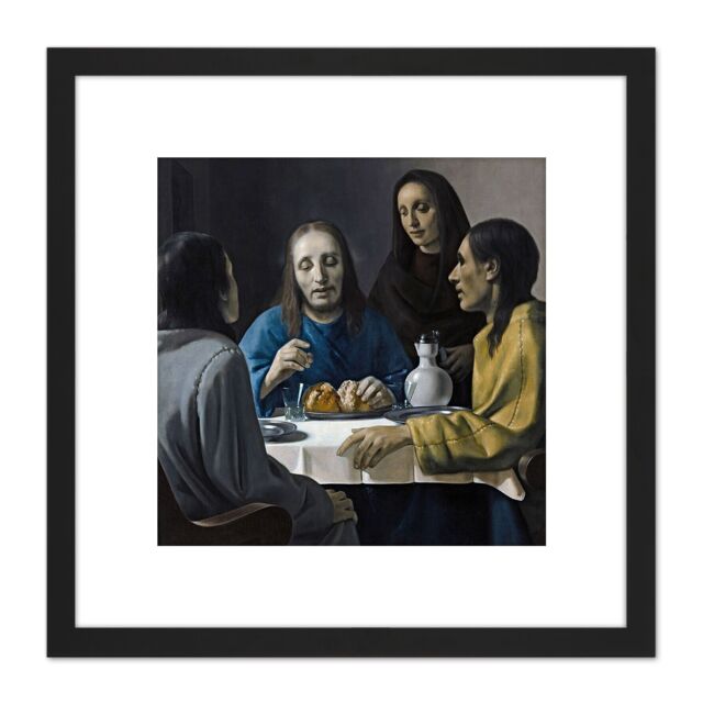 Artery8 Van Meegeren Road Emmaus Christ Painting 8X8 Inch Square Wooden Framed Wall Art Print Picture with Mount in Black - image 1