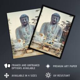 "Artery8 The Bronze Buddha at Kamakura Retro Japan Wall Art Print Kazumasa in Blue - Size: W12"" x H16""" - thumbnail 2
