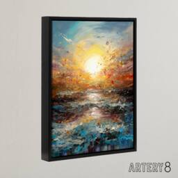 "Artery8 Sunrise At Sea Abstract Seascape Framed Canvas Wall Art Print in Blue - Size: W18"" x H24""" - thumbnail 2