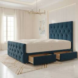 "Somnior Ziggy Velvet Divan Bed Mattress 2 Draw 54"" Headboard 22"" Footboard in Navy - Size: Small Single" - thumbnail 1