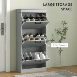 HOMCOM Slim Shoe Storage Cabinet with 3 Flip Drawers for Entryway, Grey - thumbnail 4