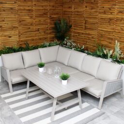 Modish Furnishing Sicily Light Grey Aluminium 6 Seater Corner Sofa Dining Set With Light Grey Cushions in Beige - thumbnail 3