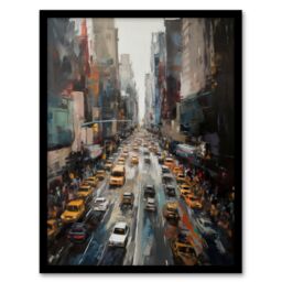 Artery8 NYC New York Rush Hour Traffic Acrylic Painting 5th Avenue Yellow Cabs Artwork Framed Wall Art Print A4 in Black - thumbnail 1