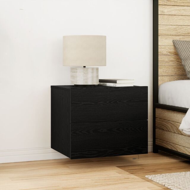Berkfield Home Bedside Cabinets with LED Lights Wall-Mounted 2 pcs Black Oak - image 1