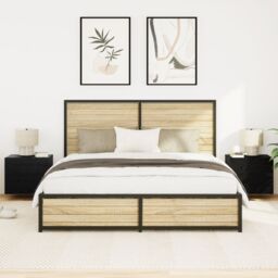 Berkfield Home Bedside Cabinets with LED Lights Wall-Mounted 2 pcs Black Oak - thumbnail 5