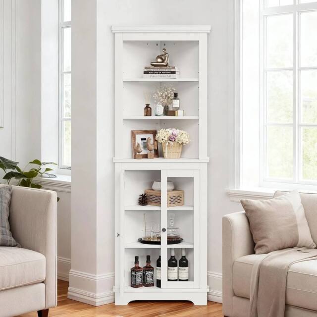VOGREX 171cm Tall Corner Cabinet Space-saving Triangular Buffet Cabinet-White in White - image 1