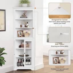 VOGREX 171cm Tall Corner Cabinet Space-saving Triangular Buffet Cabinet-White in White - thumbnail 3
