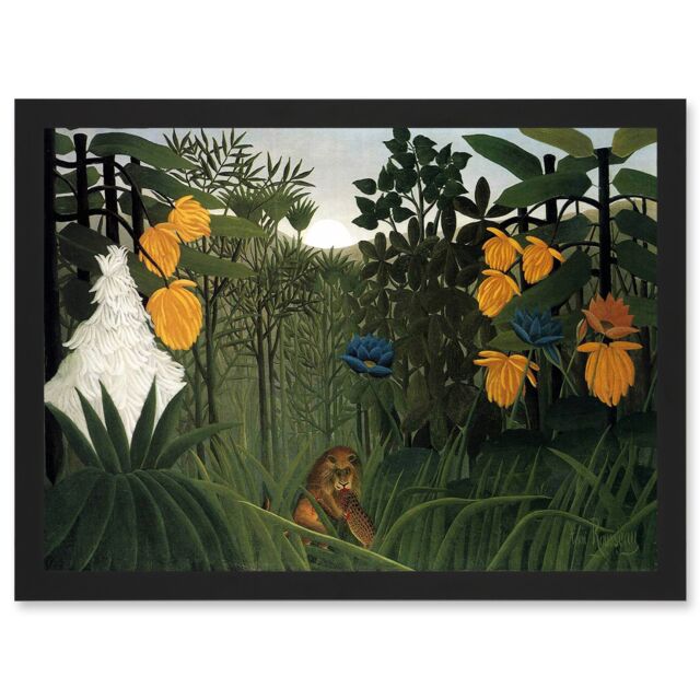 Artery8 Painting Henri Rousseau The Repast Of The Lion Artwork Framed Wall Art Print A4 in Black - image 1