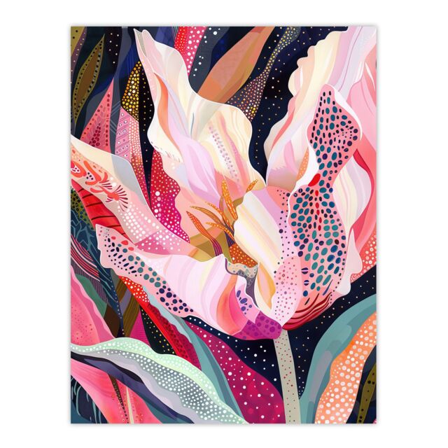 "Artery8 Dutch Tulip Mania Colourful Flower Folk Patterns Wall Art Print in Pink - Size: W12"" x H16""" - image 1