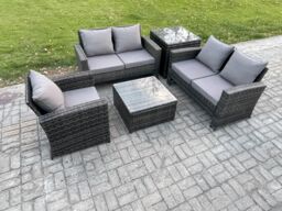 Fimous Outdoor Rattan Garden Furniture Set Conservatory Patio Sofa Coffee Table Set with Chair Side Table Dark Grey Mixed - thumbnail 2