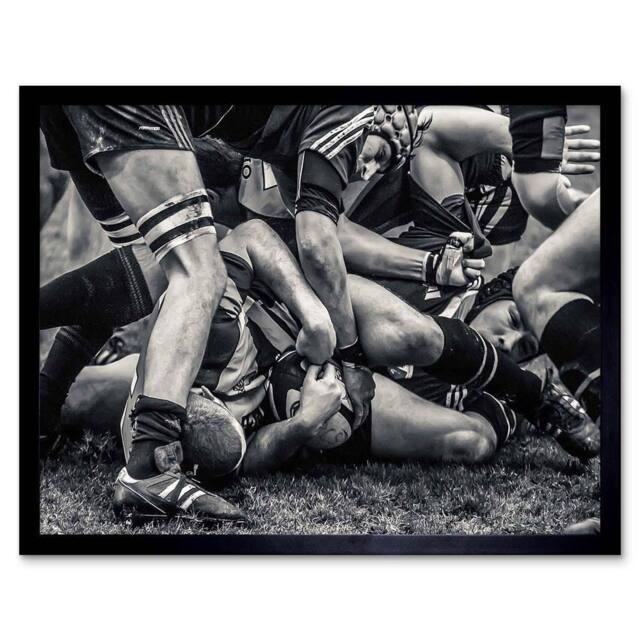 "Artery8 Sport Rugby Football Close Up Scrum Players Ball Game Framed Art Print in Grey - Size: W12"" x H16""" - image 1