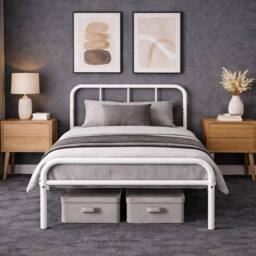 House of Home Single Bed Frame Metal Rounded Headboard Easy Assembly Under Bed Base Storage Space in White - thumbnail 1