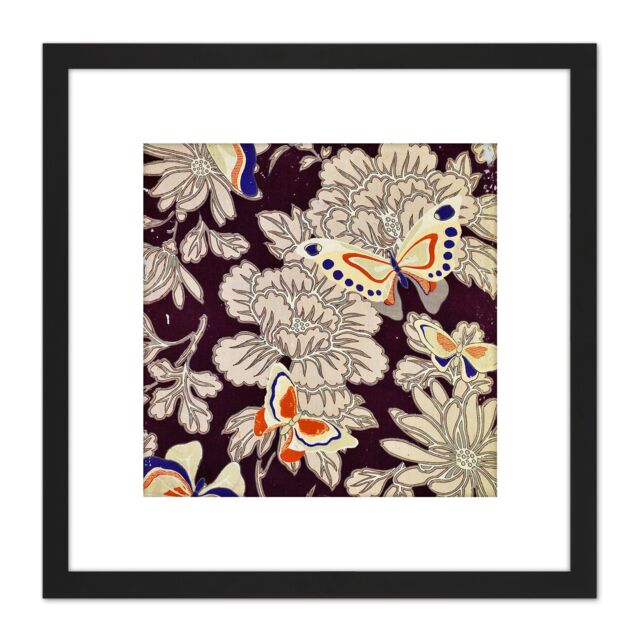 Artery8 Fabric Pattern Design Butterflies Flowers 8X8 Inch Square Wooden Framed Wall Art Print Picture with Mount in Black - image 1