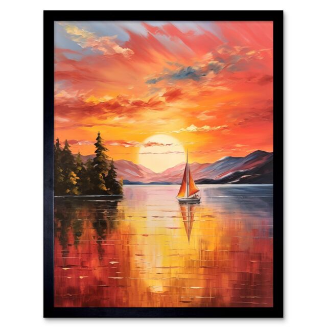 "Artery8 Wall Art Print Serene Lake Sunset Sailing Vibrant Oil Painting Sail Boat Lakeside Mountain Landscape Art Framed in Black - Size: W12"" x H16""" - image 1