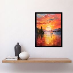"Artery8 Wall Art Print Serene Lake Sunset Sailing Vibrant Oil Painting Sail Boat Lakeside Mountain Landscape Art Framed in Black - Size: W12"" x H16""" - thumbnail 2