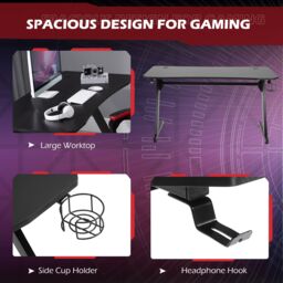 HOMCOM Gaming Desk Steel Frame Cup Headphone Holder Adjustable Feet in Black - thumbnail 4