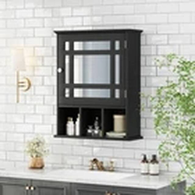 EONLION Wall-mounted Bathroom Cabinet Storage Organizer w/Mirror Doors in Black - image 1