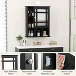 EONLION Wall-mounted Bathroom Cabinet Storage Organizer w/Mirror Doors in Black - thumbnail 3
