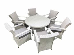Fimous Wicker PE Rattan Garden Furniture Set Patio Outdoor 6 Chairs Plus Big Round Table Set Light Grey Mixed - thumbnail 1