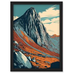 Artery8 Tryfan Mountain Peak Landscape Teal Brown Linocut Artwork Framed Wall Art Print A4 in Black - thumbnail 1