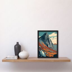 Artery8 Tryfan Mountain Peak Landscape Teal Brown Linocut Artwork Framed Wall Art Print A4 in Black - thumbnail 2