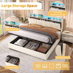 BTM King Bed with Hydraulic Storage & LED Charging Headboard in Beige - thumbnail 5