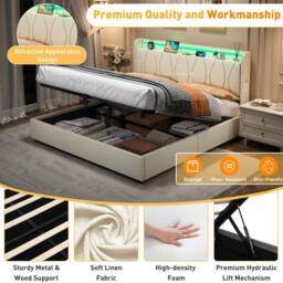 BTM King Bed with Hydraulic Storage & LED Charging Headboard in Beige - thumbnail 6