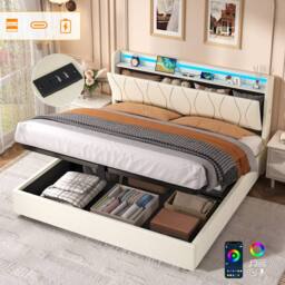 BTM King Bed with Hydraulic Storage & LED Charging Headboard in Beige - thumbnail 8