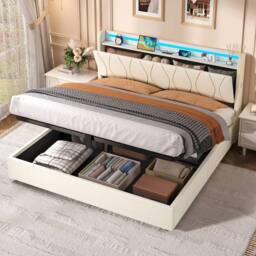 BTM King Bed with Hydraulic Storage & LED Charging Headboard in Beige - thumbnail 1