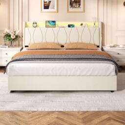 BTM King Bed with Hydraulic Storage & LED Charging Headboard in Beige - thumbnail 4