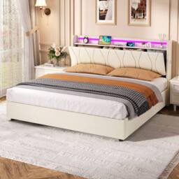 BTM King Bed with Hydraulic Storage & LED Charging Headboard in Beige - thumbnail 2