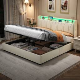 BTM King Bed with Hydraulic Storage & LED Charging Headboard in Beige - thumbnail 3