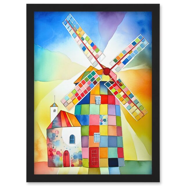 Artery8 Abstract Patchwork Windmill Old Amsterdam Folk Art Artwork Framed Wall Art Print A4 in Black - image 1