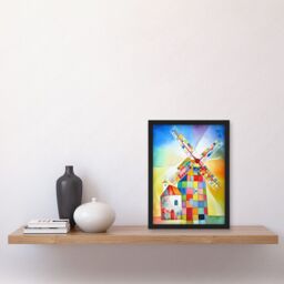 Artery8 Abstract Patchwork Windmill Old Amsterdam Folk Art Artwork Framed Wall Art Print A4 in Black - thumbnail 2