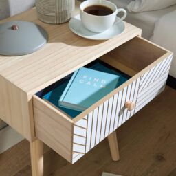 Home Source Bedside Table 1 Drawer Carving Design Pine Scandi Wooden Legs Bedroom in White - thumbnail 5