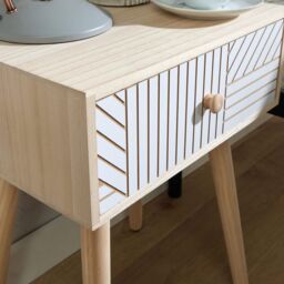 Home Source Bedside Table 1 Drawer Carving Design Pine Scandi Wooden Legs Bedroom in White - thumbnail 4