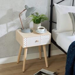 Home Source Bedside Table 1 Drawer Carving Design Pine Scandi Wooden Legs Bedroom in White - thumbnail 2