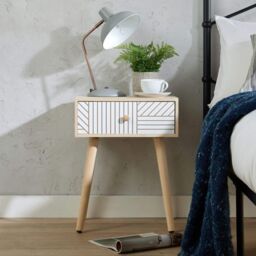 Home Source Bedside Table 1 Drawer Carving Design Pine Scandi Wooden Legs Bedroom in White - thumbnail 3