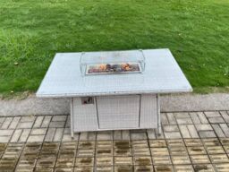 Fimous Outdoor Garden Dining Sets Rattan Furniture Gas Fire Pit Dining Table With 2 Armchairs Side Table Footstools in Light Grey - thumbnail 4