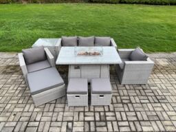 Fimous Outdoor Garden Dining Sets Rattan Furniture Gas Fire Pit Dining Table With 2 Armchairs Side Table Footstools in Light Grey - thumbnail 1