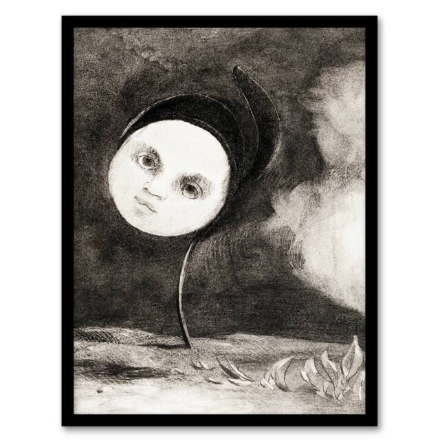 Artery8 Odilon Redon Framed Wall Art Print Strange Flower with a Face in Grey - Size: A4 - image 1