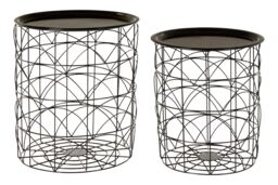 Orsina Set of 2 Black Basket Side Tables, Nest of Side Tables with Black Tops, Wireframe End Tables for Living Room