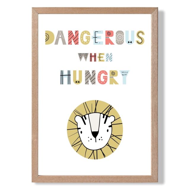 ARTZE Cute Dangerous When Hungry Lion Scandi Quote Framed Print SIZE: A3 with Oak Frame in Pale Blue - Size: A4 - image 1