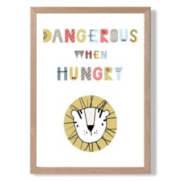 ARTZE Cute Dangerous When Hungry Lion Scandi Quote Framed Print SIZE: A3 with Oak Frame in Pale Blue - Size: A4
