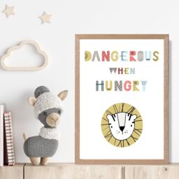 ARTZE Cute Dangerous When Hungry Lion Scandi Quote Framed Print SIZE: A3 with Oak Frame in Pale Blue - Size: A4 - thumbnail 2